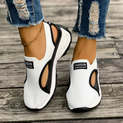 Summer Sale 50% Off❤️ Women's Lightweight Breathable Orthopedic Walking Slip-on, Black & White Camp Sneakers with Stability Support