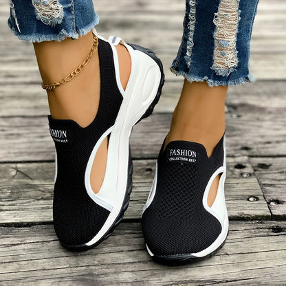 Summer Sale 50% Off❤️ Women's Lightweight Breathable Orthopedic Walking Slip-on, Black & White Camp Sneakers with Stability Support